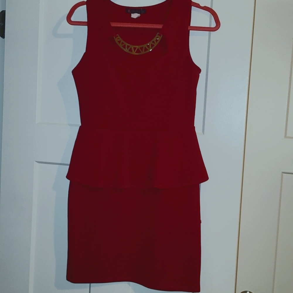 Peplum Cocktail Dress with Gold Embellishment.  Color: Wine...Size: L/XL